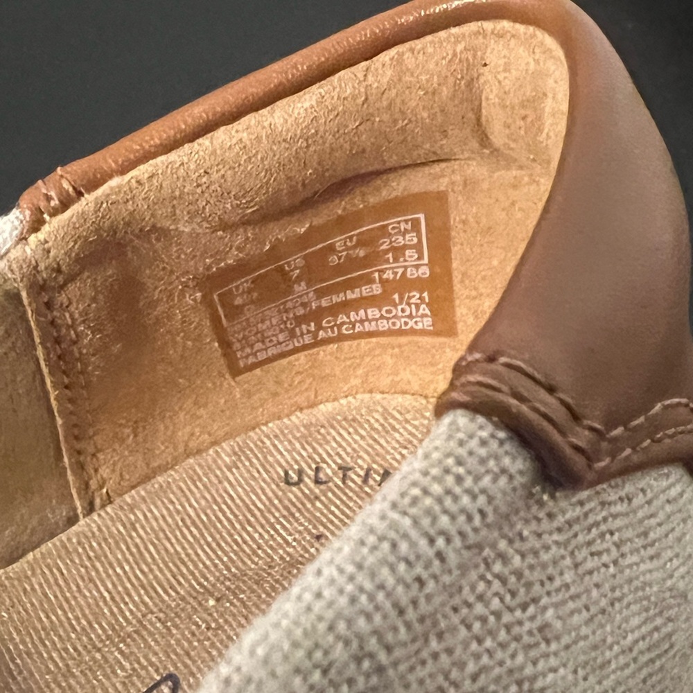 Clarks Beige Canvas Slip-On Loafers with Tan Leather Heel - Picture 4 of 5